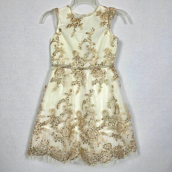 Rare Editions Girls Dress Size 8 Ivory Gold Sequin Lace Tulle Party Dress Rhines - Picture 2 of 12